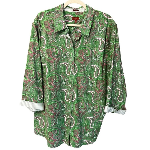 Talbots Tops - Talbots Woman Paisley Button Front Shirt Green Pink 24W Old Money Classic